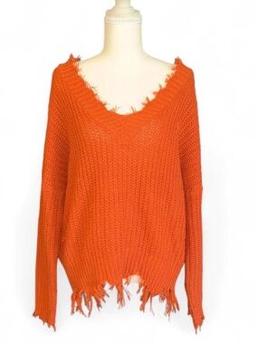 Women’s Distressed V-Neck Sweater in Bright Orange